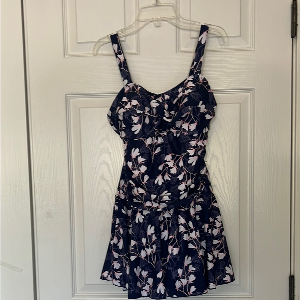 Blue and White Floral One-Piece Swimsuit with Ruffles